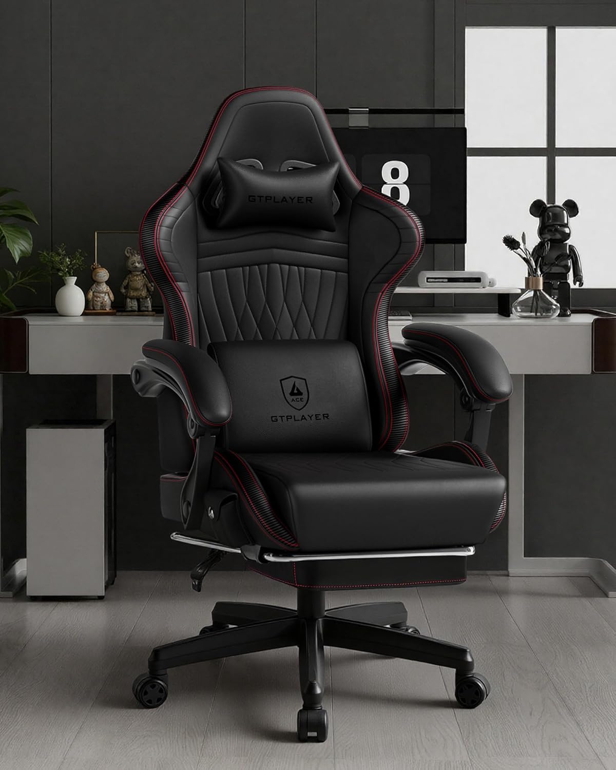 GTPLAYER ACE-PRO Music Gaming Chairs – Built-in Speakers, App Support & Bluetooth Control, Computer Game Chairs with Footrest for Adults, Ergonomic, Reclining, Linkage Armrest, BK‑RD Stitch