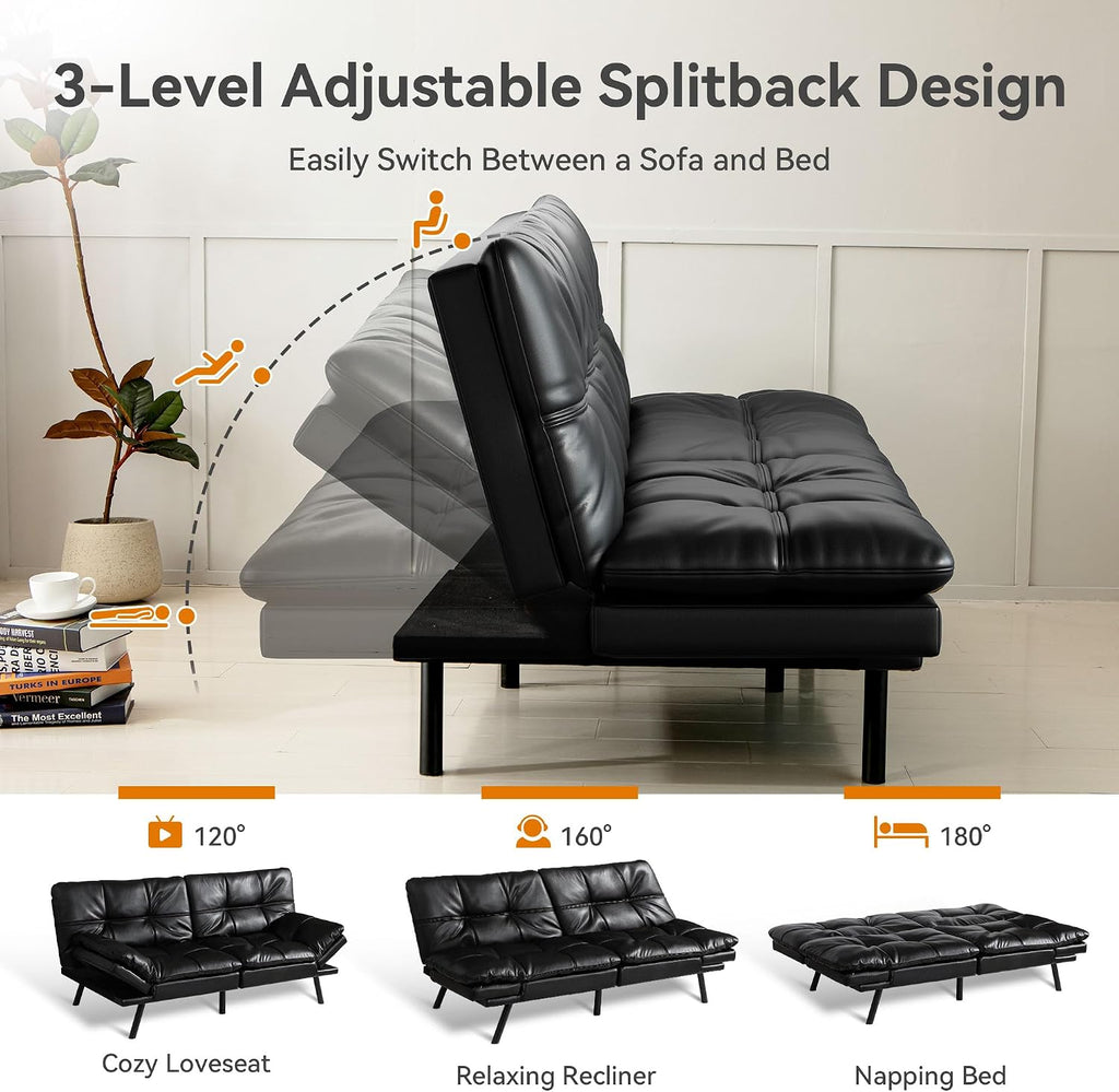 Convertible Futon Sofa Bed,71' Modern Premium Faux Leather Futon Couch with Adjustable Backrest&Armrest,Small Loveseat Sleeper Sofa,Dorm Futonsofa for Apartment,Living Room,Black