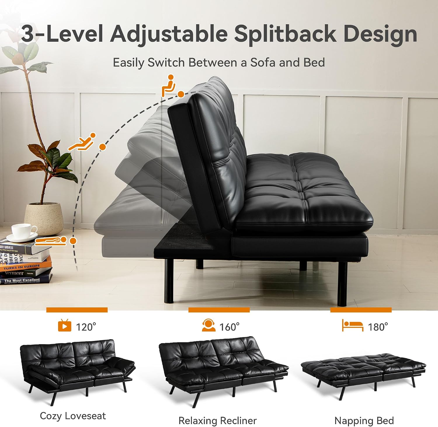 Convertible Futon Sofa Bed,71' Modern Premium Faux Leather Futon Couch with Adjustable Backrest&Armrest,Small Loveseat Sleeper Sofa,Dorm Futonsofa for Apartment,Living Room,Black