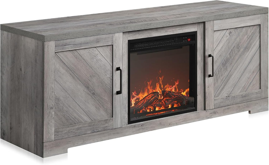 BELLEZE Modern 58' Farmhouse TV Stand with 18' Electric Fireplace Heater & Media Entertainment Center for TV up to 65', Console Table with Storage Cabinets - Hilo (Grey Wash)