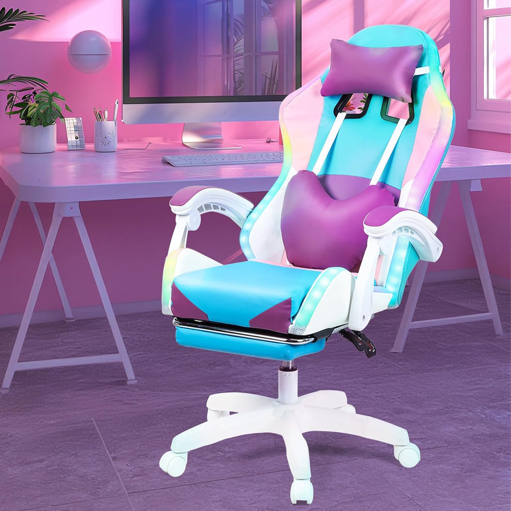 Talent Star Ergonomic Gaming Chair,Reclining Video Game Chair,with RGB LED Lights Massage and Footrest Heart High Back Adjustable Lumbar Support for Adult Height Adjustable with 360° Swivel Chair Pu