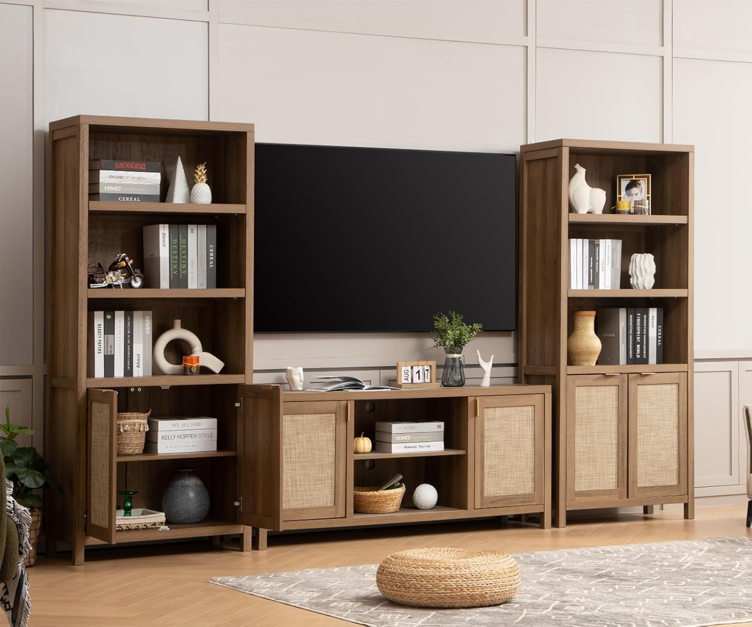 SICOTAS TV Stands for Living Room : Rattan TV Console Cabinet with Storage and Shelf, Boho Entertainment Center, 59' Media Console for 55, 65 Inch TV, 26' Tall Television Stands, Oak