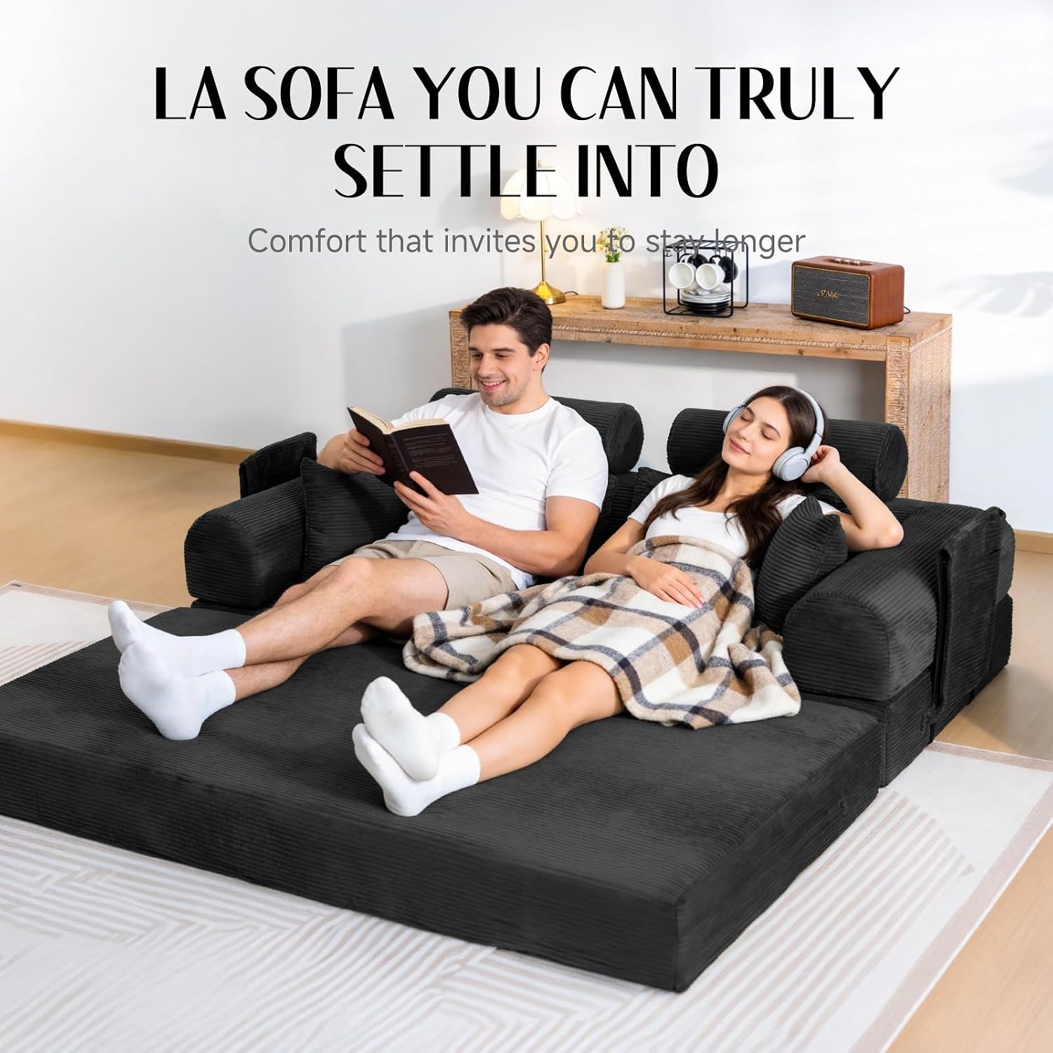 79' Corduroy Sofa Bed Sleeper Couch, 6-in-1 Convertible Boneless Floor Futon Loveseat, High-Density Foam Couch in a Box with 2 Headrest Pillows, No Assembly, Black