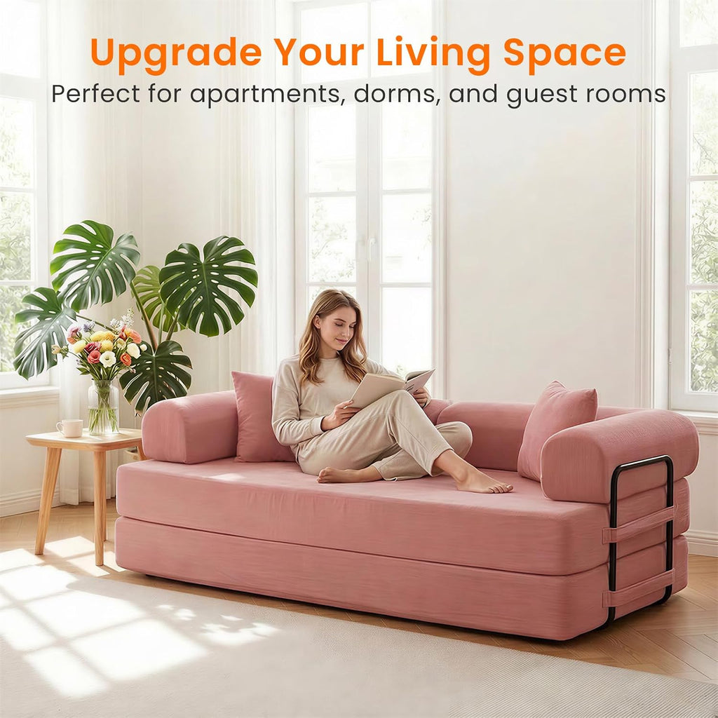 ijuicy 4-in-1 King Convertible Floor Sofa Bed w/ 2 Pillow,Modular Sleeper Sofa/Folding Futon Couch Bed w/Cylindrical Backrest and Fixed Frame,Lounge Couch,Corduroy Compression Sofas for Home-Pink