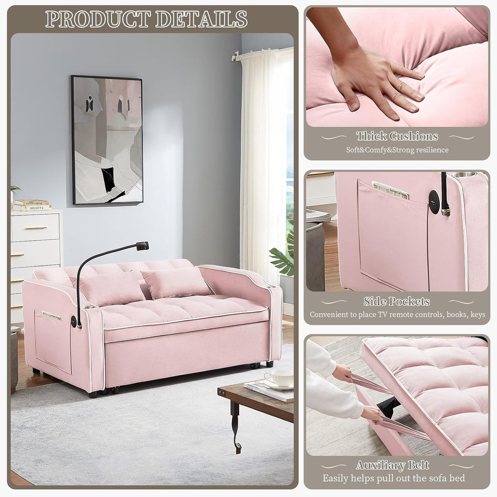 JEEOEHY 3 in 1 Convertible Sleeper Sofa Bed,Velvet Pull Out Couch Bed w USB&Type C Port,Comfy Futon Loveseat w Adjustable Backrest&Phone Stand&Cup Holder for Living Room Apartment Small Space(Pink)