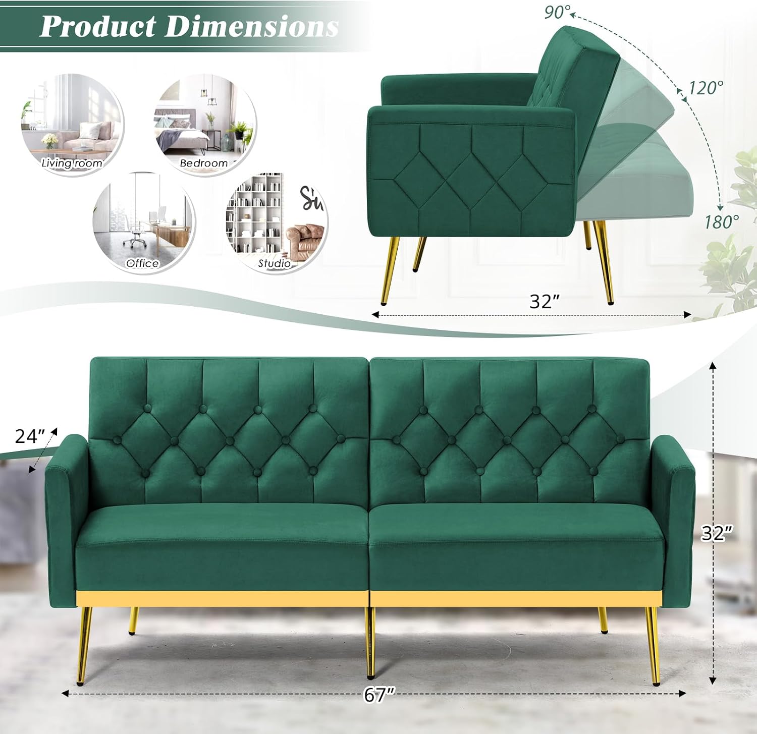 Velvet Futon Sofa Bed w/Adjustable Armrests & Backrests, Button Tufted Sleeper Couch, Modern Convertible Loveseat Sofa for Bedroom, Living Room, Apartment, Green