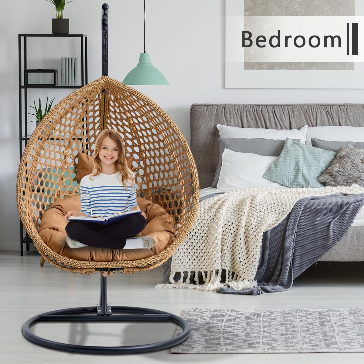JUFU Egg Swing Chair with Stand,Hanging Egg Chair Indoor Outdoor,Hammock Hanging Basket Chair with Aluminum Steel Frame，Patio Egg Chair with Removable Cushions for Patio Balcony Backyard,Bedrooms