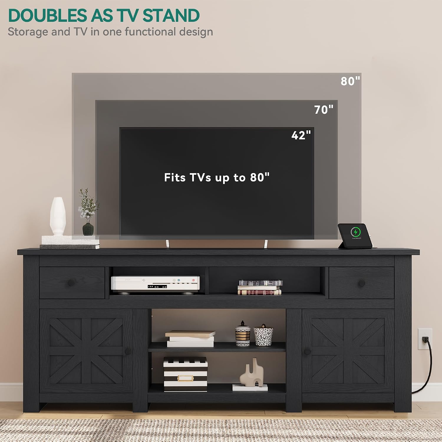 YITAHOME TV Stand for 75/80 Inch TV, Entertainment Center, TV Cabinet with Drawers and Power Outlet, Black TV Console for Living Room Furniture (70 Inch Lenght 30 Inch High) | with Drawers, Power Outlet, Furniture