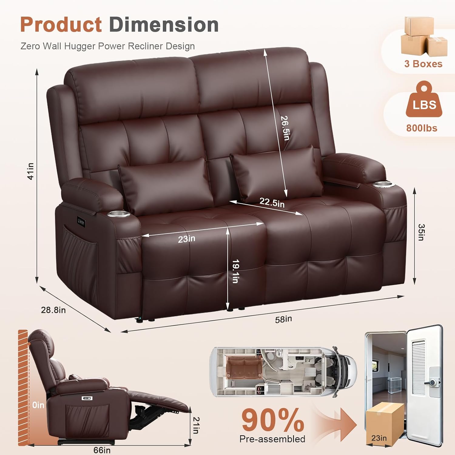Power Loveseat Recliner Sofa with Graphene Heating & Massage, Zero Wall Hugger Home Theater Seating, RV Reclining Couch with LED Lights, USB & Type-C, Cup Holders, Hidden Storage Armrest & Pillows