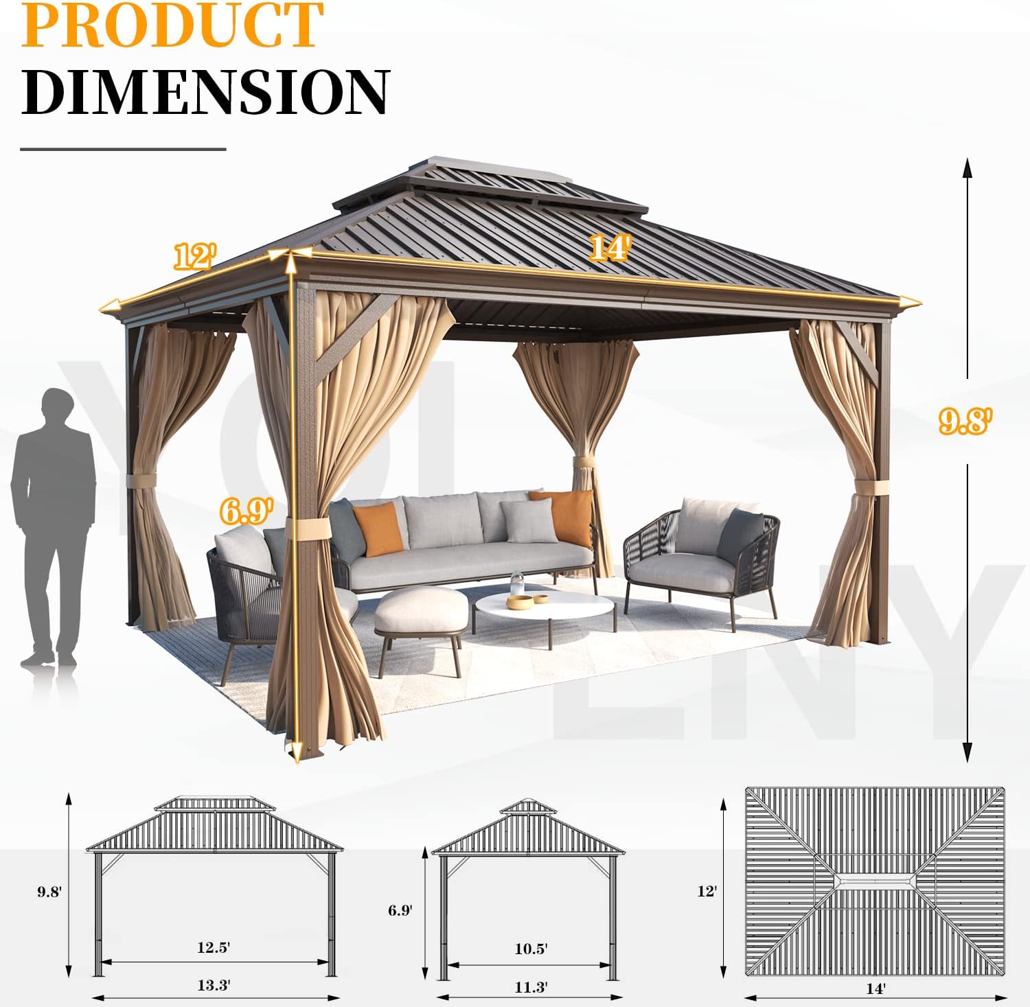 YOLENY 12' x 14' Hardtop Gazebo, Galvanized Steel Metal Double Roof Aluminum Frame Gazebo with Curtain and Netting, Permanent Pavilion Pergola for Outdoor, Patio, Garden, Lawn, Pool Side, Brown