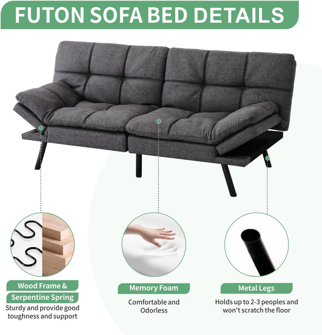 MUUEGM 71' Futon Sofa Bed, Convertible Couch Filled with Memory Foam, Modern Loveseat with Adjustable Backrest&Armrest, Sofas for Living Room,Game Room,Dormitory,Office.Grey Fabric