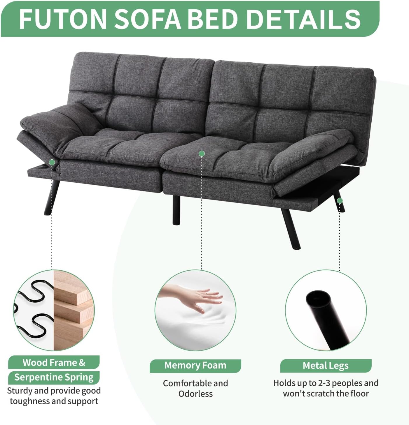 MUUEGM 71' Futon Sofa Bed, Convertible Couch Filled with Memory Foam, Modern Loveseat with Adjustable Backrest&Armrest, Sofas for Living Room,Game Room,Dormitory,Office.Grey Fabric