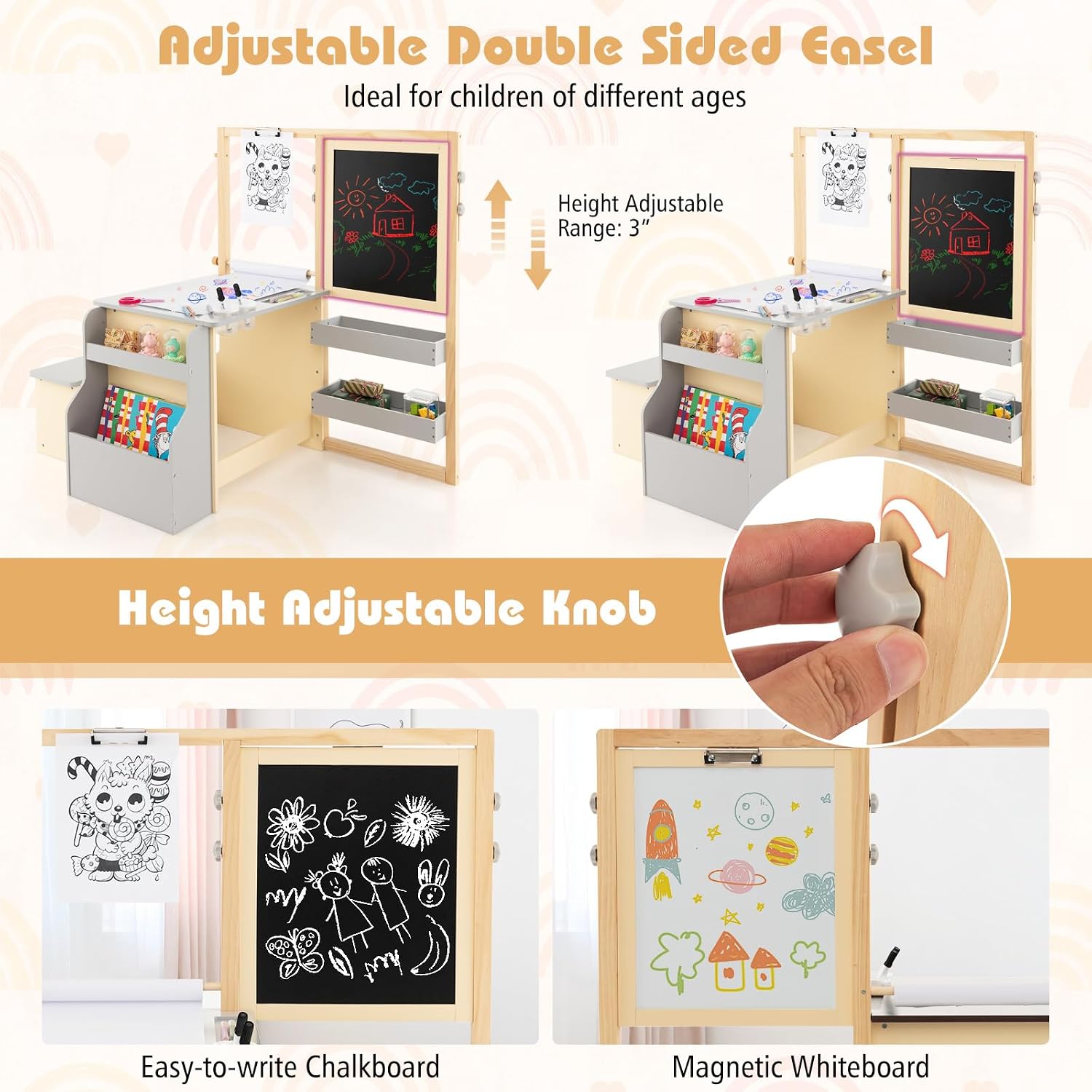HONEY JOY Kids Art Easel, 6-in-1 Wooden Double-Sided Toddler Table & Chair Set w/Adjustable Magnetic White Board & Chalkboard, Paper Roll, Bookshelf, Storage, Kids Art Table and Chair (Gray)