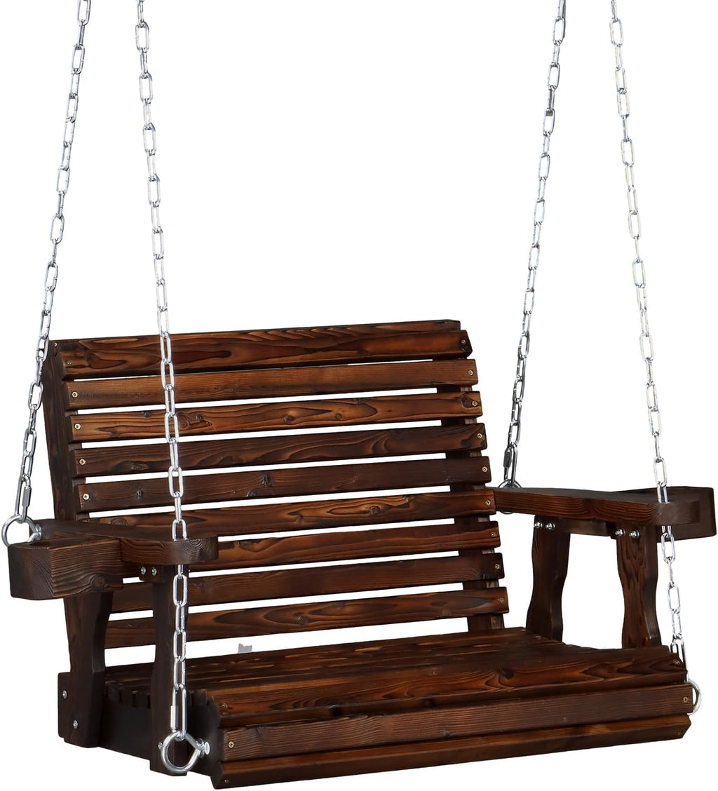 VINGLI Heavy Duty 440 LBS 1-Person Wooden Patio Porch Swing with Deeper Seat & Higher Backrest & Extra Cup Holder for Adults & Kids, Outdoor Single Porch Swing for Porch, Yard, Balcony, Tree (Rustic)