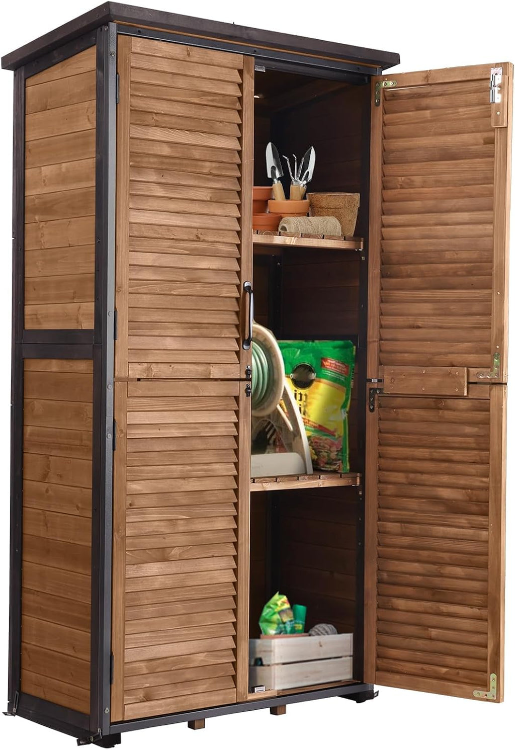 GUTINNEEN Outdoor Storage Cabinet Waterproof Metal Frame Wooden Storage Sheds Outdoor with Floor 4 Lockable Doors, 2 Adjustable Shelves, Garden Tool Shed for Patio Porch Backyard Lawn 63'
