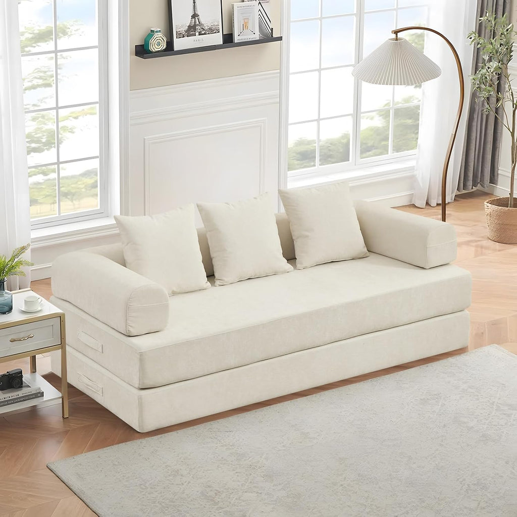 Futon Sofa Bed, Modular Convertible Folding 3 Seater Chenille Foam Floor Loveseat Sleeper Sofa Couch with 3 Pillows, No Assembly Compressed Boneless Couch, for Living Room Bedroom Guest Room, Beige