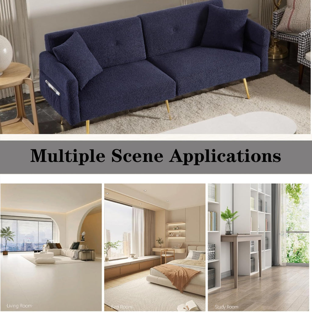 69.5' Convertible Futon Sofa Bed with Adjustable Backrest and Armrests, Teddy Upholstered Loveseat Sleeper Couch with 2 Pillows and Metal Legs Love Seat for Guest Room Living Room (Dark Blue)