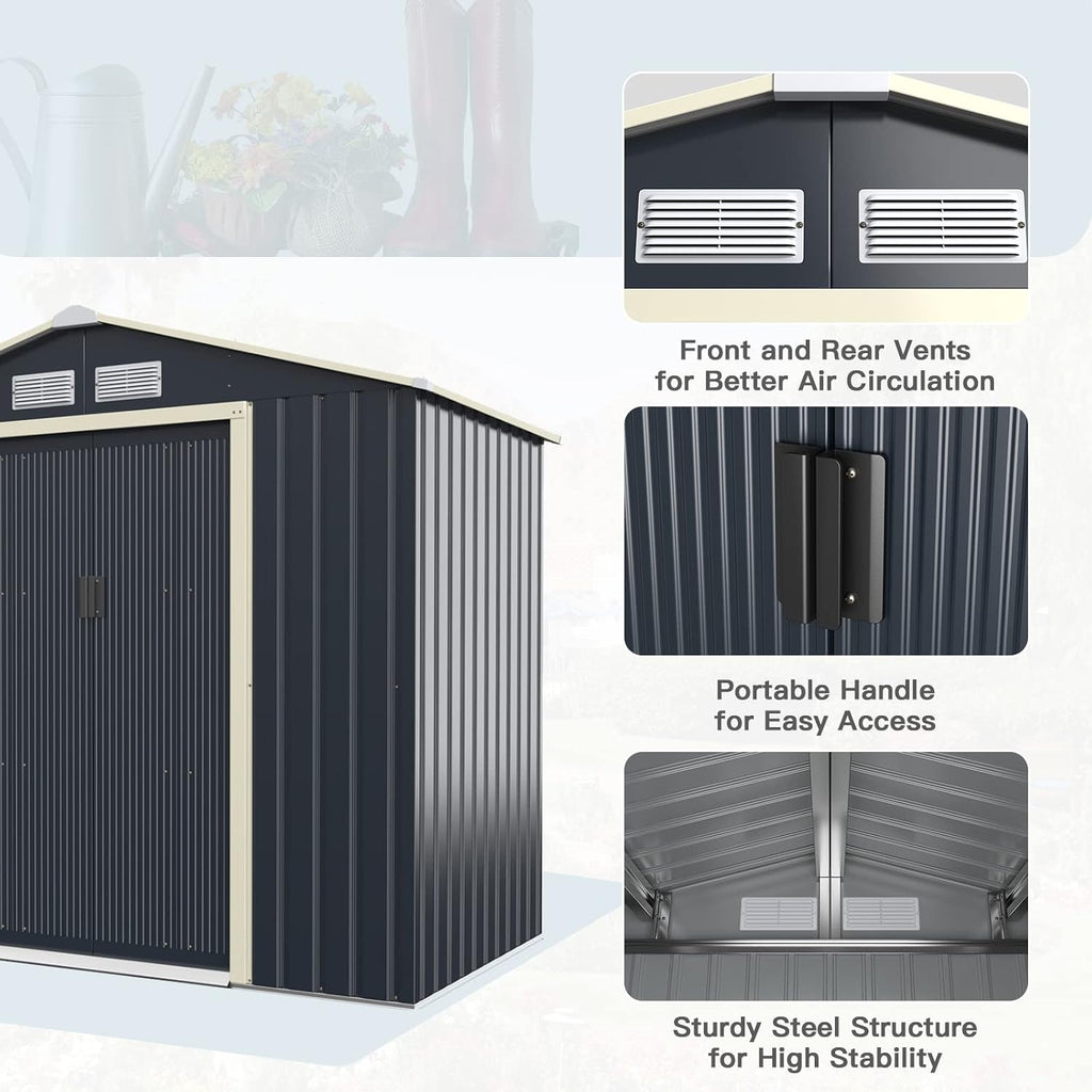 Giantex Outdoor Storage Shed with Double Sliding Door, Galvanized Metal Garden Storage Room, Front and Back Vent, Weather Resistant Tool Storage Shed for Backyard, Patio, Lawn (7 x 4 FT)