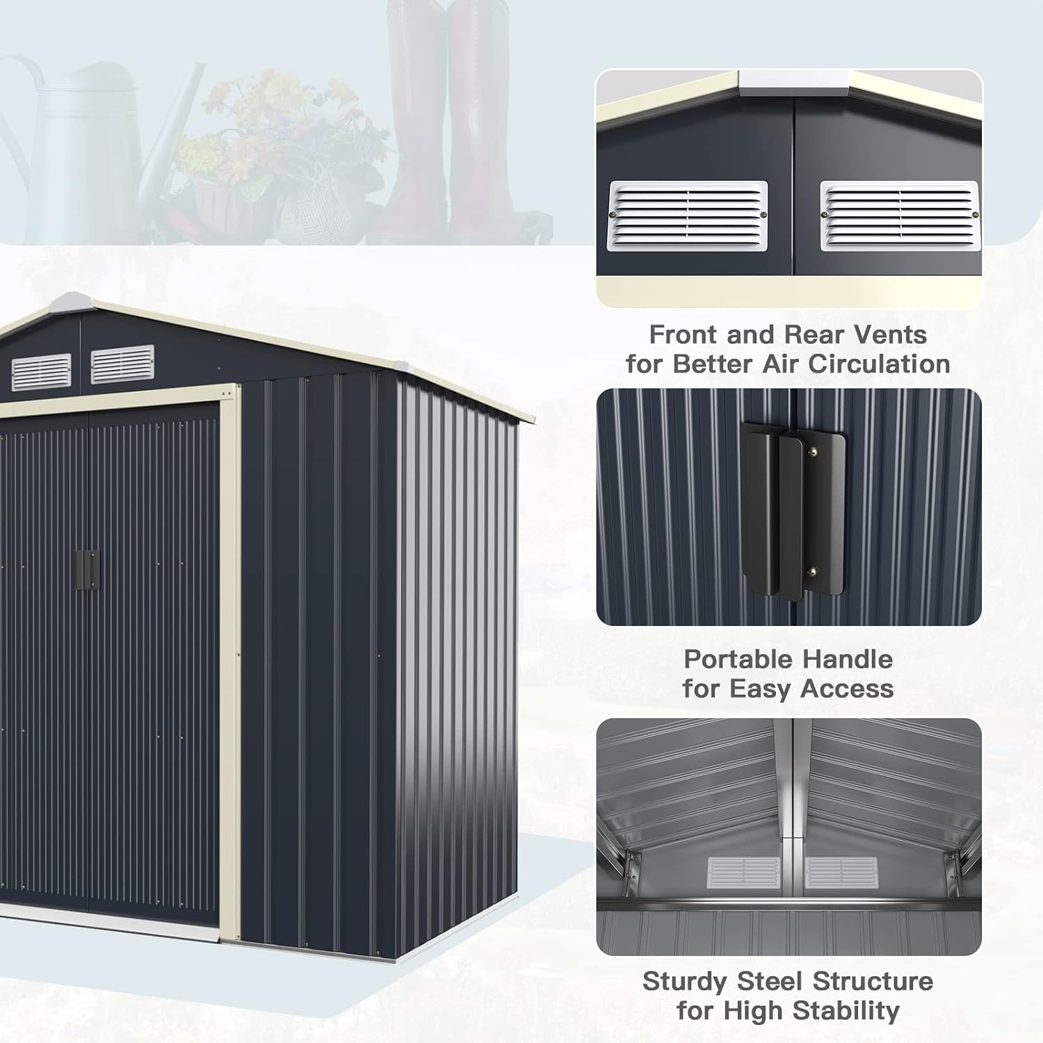 Giantex Outdoor Storage Shed with Double Sliding Door, Galvanized Metal Garden Storage Room, Front and Back Vent, Weather Resistant Tool Storage Shed for Backyard, Patio, Lawn (7 x 4 FT)