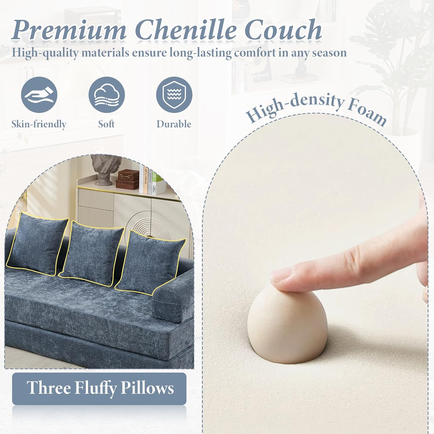 Futon Sofa Bed, Modular Convertible Folding 3 Seater Chenille Foam Floor Loveseat Sleeper Sofa Couch with 3 Pillows, No Assembly Compressed Boneless Couch, for Living Room Bedroom Guest Room, Blue