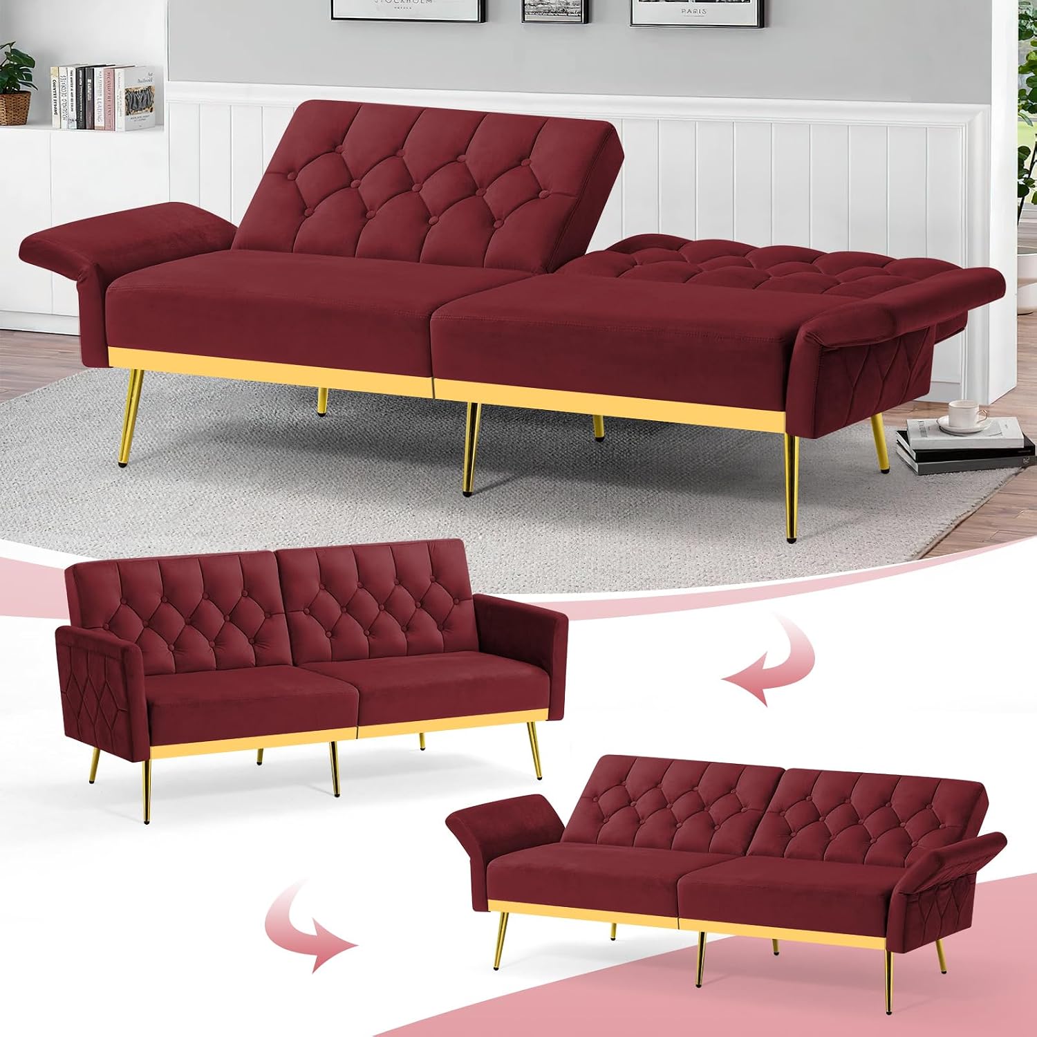 2 Pieces Velvet Sofa Set w/Adjustable Armrests and Backrests, Tufted Accent Chair w/Ottoman, Convertible Futon Sofa Bed for Bedroom, Living Room, Apartment, Red