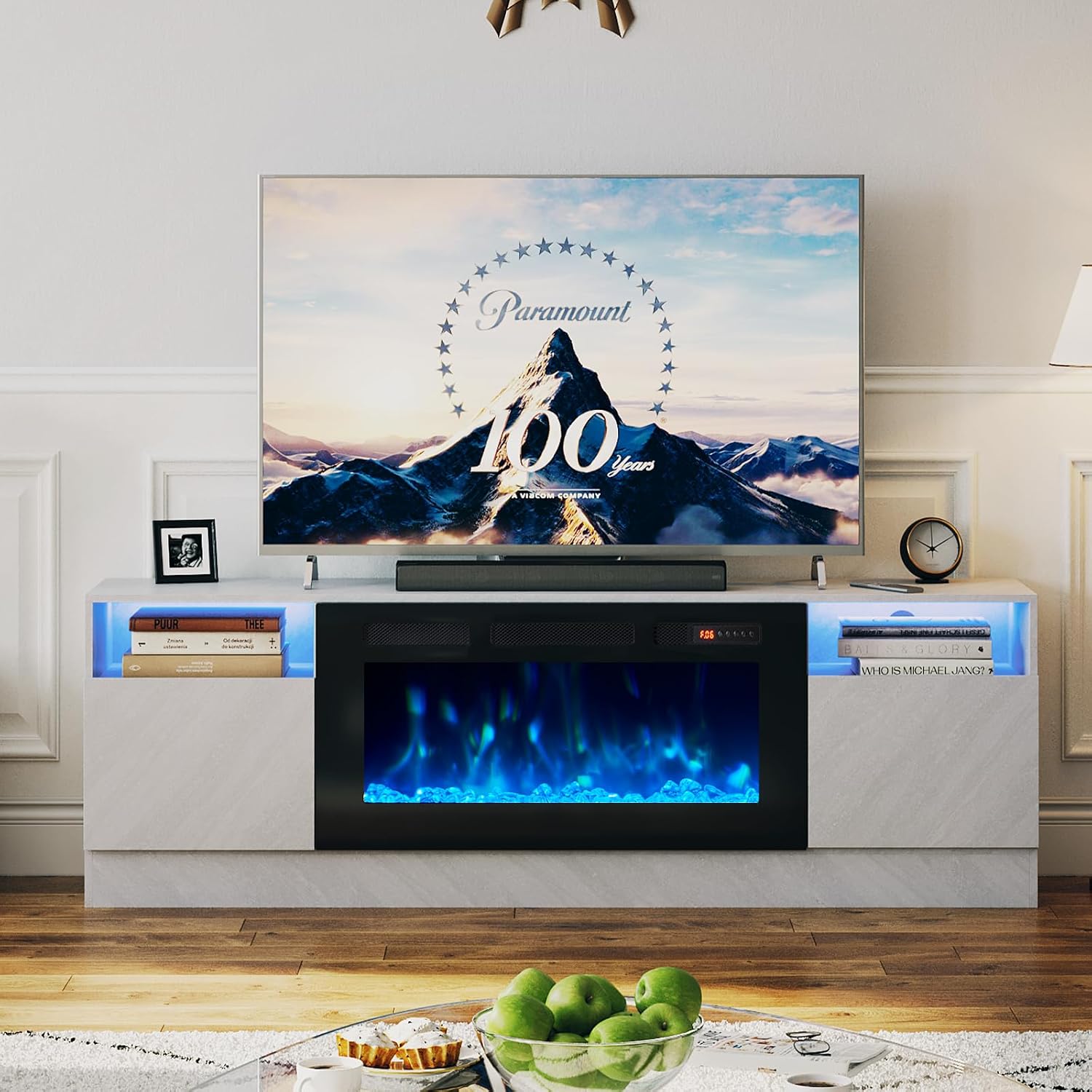 oneinmil Fireplace TV Stand with 36' Electric Fireplace, LED Light Entertainment Center, Modern Wood Texture Entertainment Stand with Highlight Storage Cabinet for TVs Up to 80', 70 inches, Grey