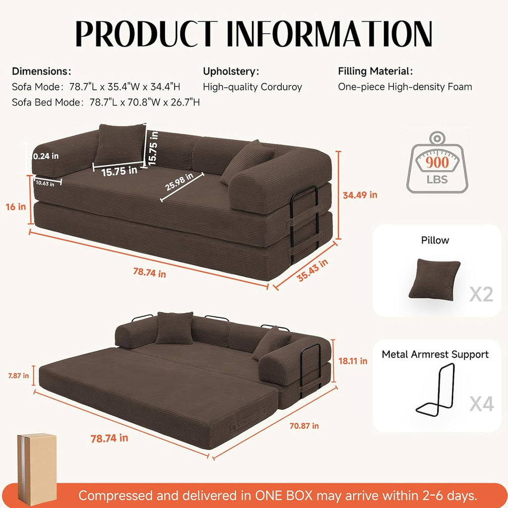 79'' Convertible Sofa Bed, Boneless Couch-in-a-Box, Corduroy Floor Futon Loveseat Sleeper, 26'' Deep Seat, Removable Machine-Wash Covers, No Assembly, 2 Pillows, Brown