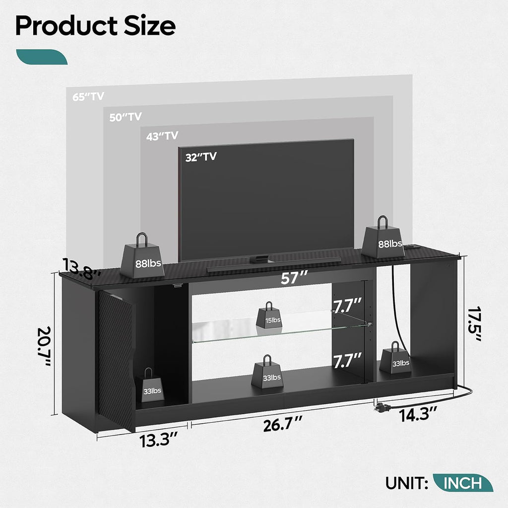 Bestier TV Stand with Power Outlets for Bedroom, Gaming TV Stand for 65inch TV, Black Entertainment Center for PS5, TV Console with Adjustable Glass Shelves for Living Room, Black