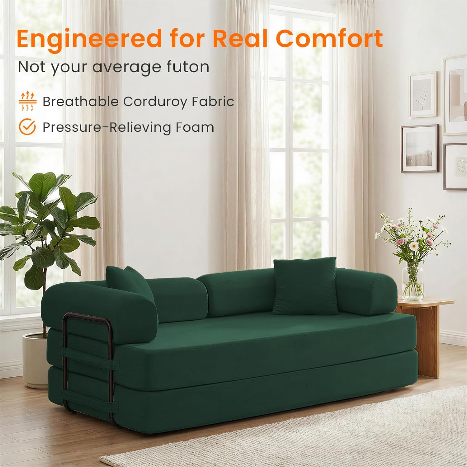 ijuicy 4-in-1 King Convertible Floor Sofa Bed w/ 2 Pillow,Modular Sleeper Sofa/Folding Futon Couch Bed w/Cylindrical Backrest and Fixed Frame,Lounge Couch,Corduroy Compression Sofas for Home-Green