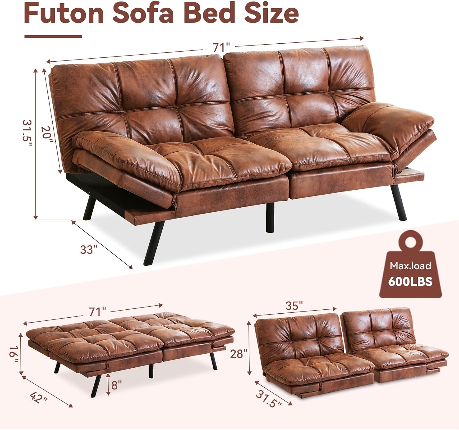 Convertible Futon Sofa Bed,Faux Leather Futon Couch,Memory Foam Futons Bed,Small Splitback Modern Loveseat Sleeper Sofa for Living Room,Office,Apartment,Brown