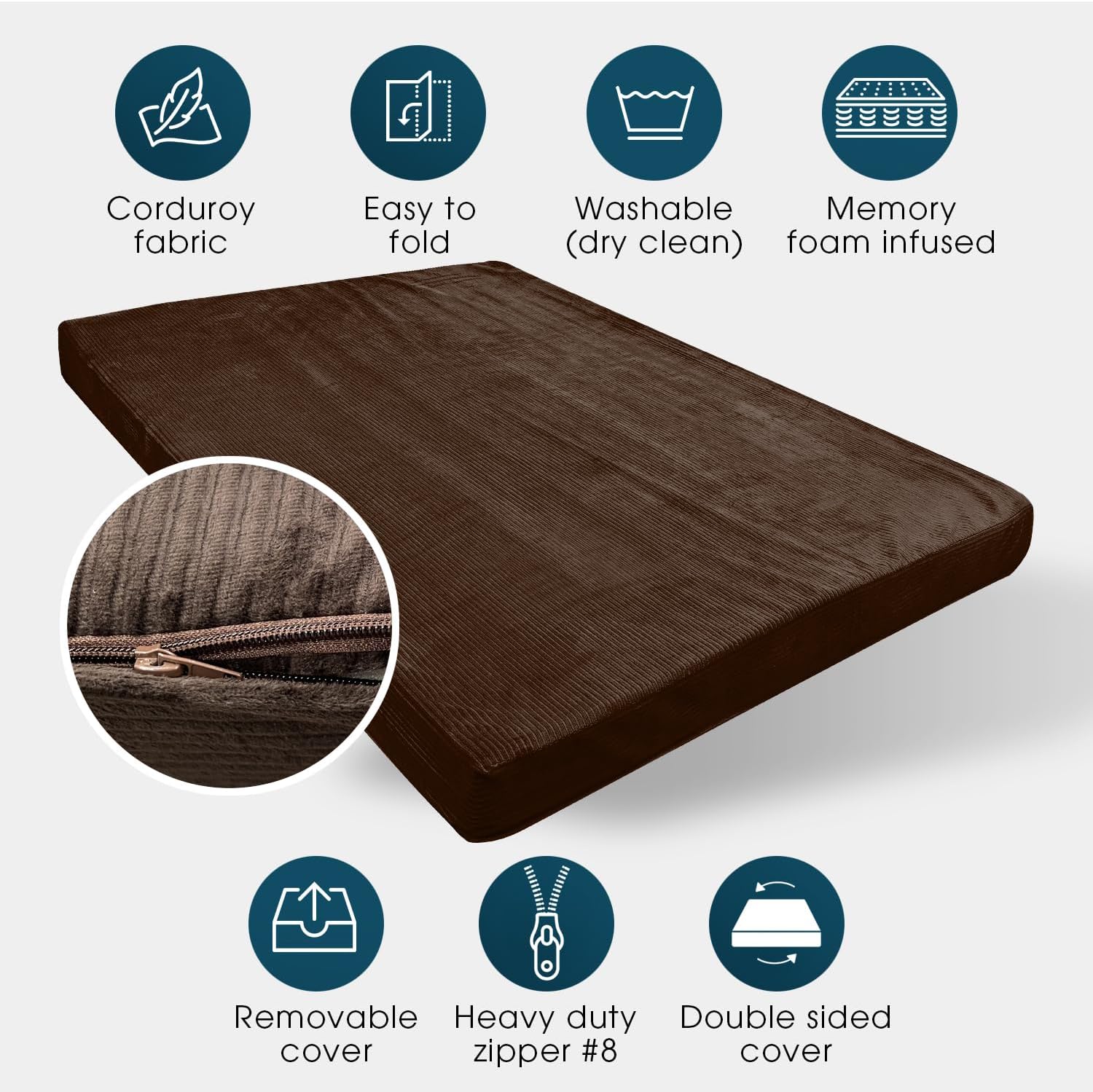 Foamma Memory Foam Futon Mattress, Double-Sided Foldout Couch Futon Mattress, 6' x 60' x 80' Queen Size (Brown), Corduroy Fabric - Heavy Duty Sofa Bed, Thick Corded Cushion (Frame NOT Included)