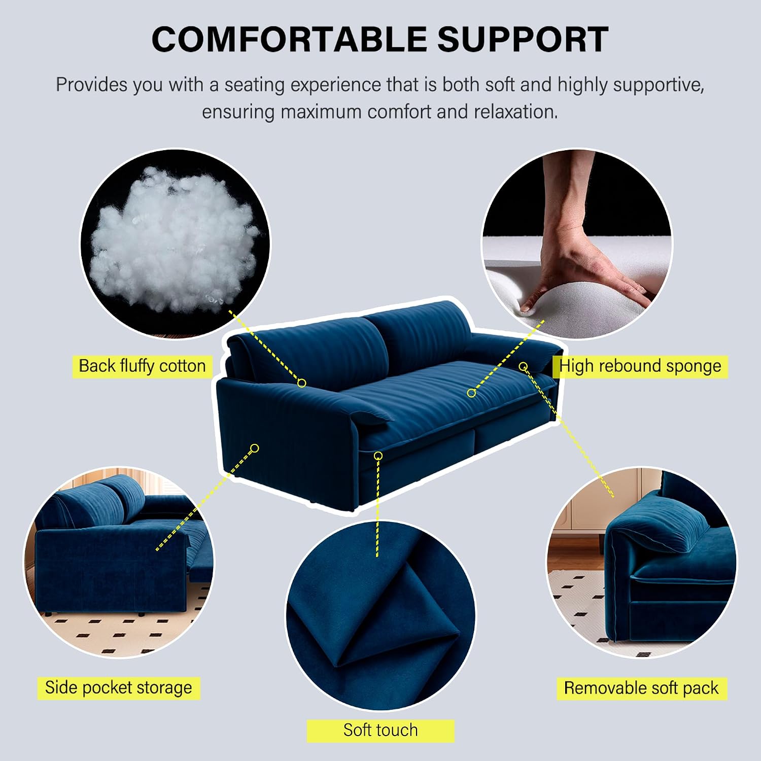 3 in 1 Convertible Queen Sleeper Sofa Bed Comfy Pull Out Futon Couch Bed 66' Modern Velvet Recliner Loveseat Sofa Multi-Functional Blue Cloud Couch for Living Room,Apartment,Office (Blue 66')