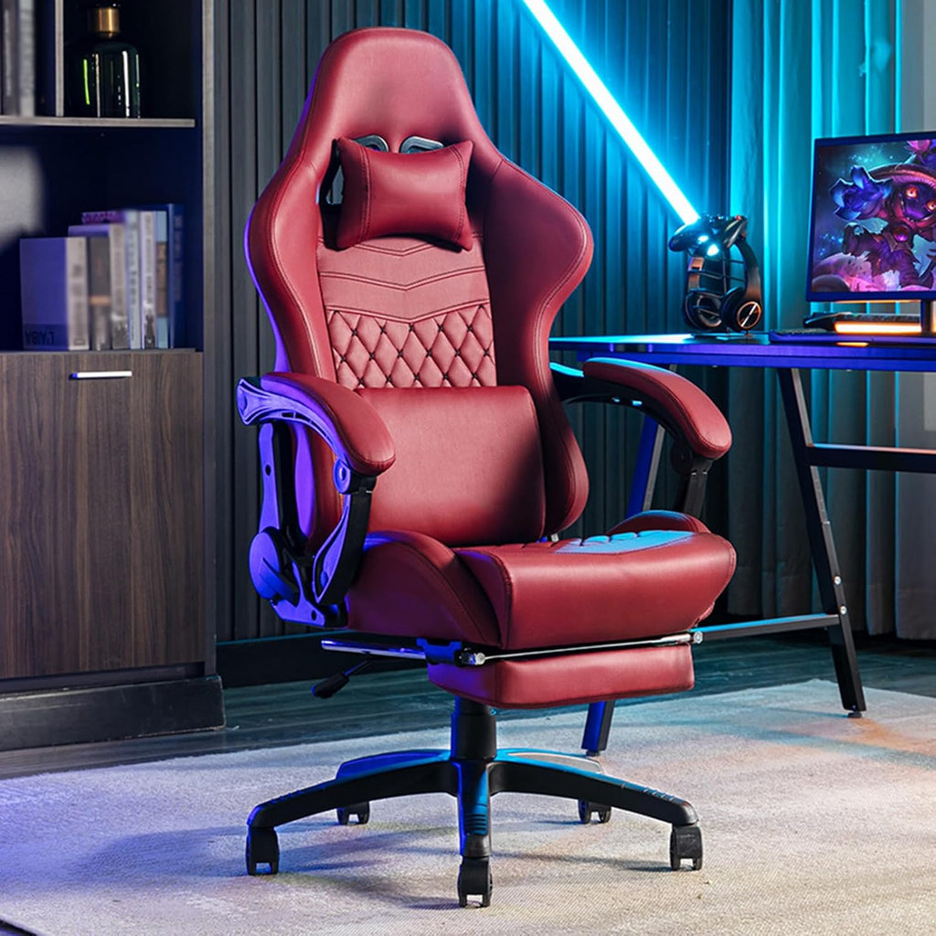 Gaming Chair Ergonomic Racing Computer Chair with Footrest Lumbar Support and Headrest Swivel Office Chair High-back Ergonomic Video Game Chairs with Linkage Armrests for Adults,One Size,Red