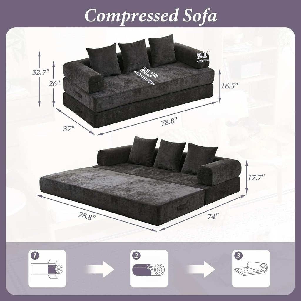 Futon Sofa Bed, Modular Convertible Folding 3 Seater Chenille Foam Floor Loveseat Sleeper Sofa Couch with 3 Pillows, No Assembly Compressed Boneless Couch, for Living Room Bedroom Guest Room, Black