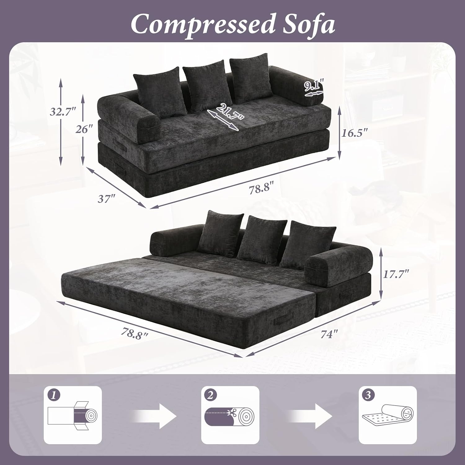 Futon Sofa Bed, Modular Convertible Folding 3 Seater Chenille Foam Floor Loveseat Sleeper Sofa Couch with 3 Pillows, No Assembly Compressed Boneless Couch, for Living Room Bedroom Guest Room, Black