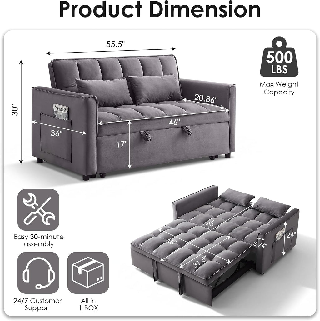 3 in 1 Convertible Sleeper Sofa Bed, 55' Pull Out Couches, Modern Loveseat Sleeper Sofa with Adjustable Reclining Backrest & Side Pockets for Living Room, Velvet Fabric, Dark Gray