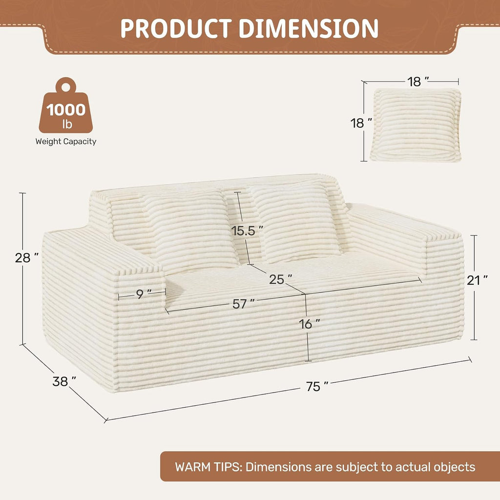 Luxanimarion 75'' Modern Loveseat Sofa, No Assembly Required Comfy Deep Seat Couches 1 pcs for Living Room, Bedroom, Apartment