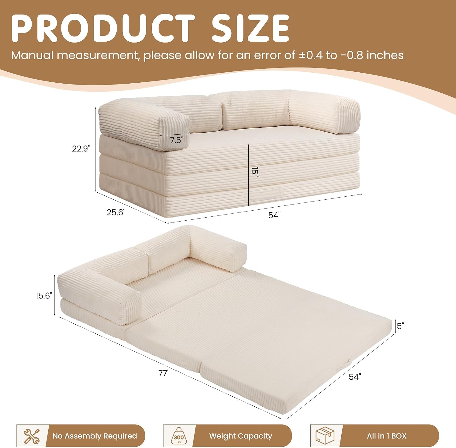 Convertible Sofa Bed Full,5-in-1 Folding Boneless Couch Corduroy Futon Sofa Bed,Tri-Fold Mattress with Removable Armrests & Handle,Sleeper with Pull Out Bed for Small Space Living Room Bedroom