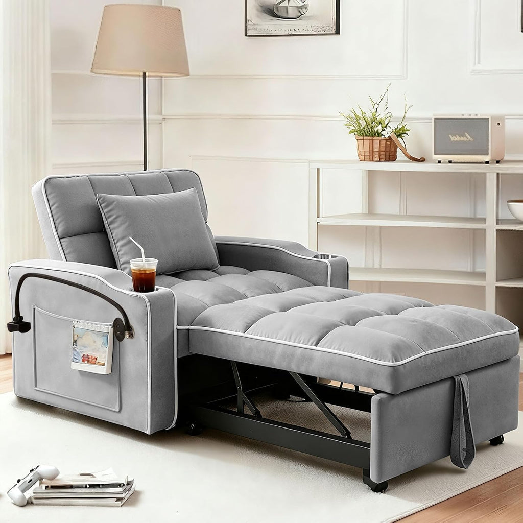 Sleeper Chair, Pull Out Chair Sleeper with Bracket and Cup Holder, Single Convertible Chairs Bed Sleepers for Adults, 3 in 1 Sofa Bed Chairs for Small Spaces, Living Room, Gray