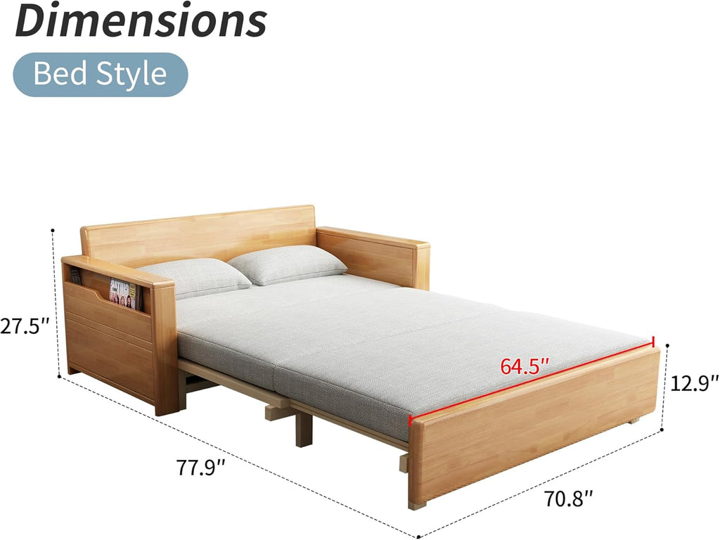 71'queen convertible sofa sleeper,grey cushion sectional sleeper with reversible chaise,wood couch bed 3 in 1 pull out sofa bed,log color sofa for livingroom,apartment,bedroom,office with storage