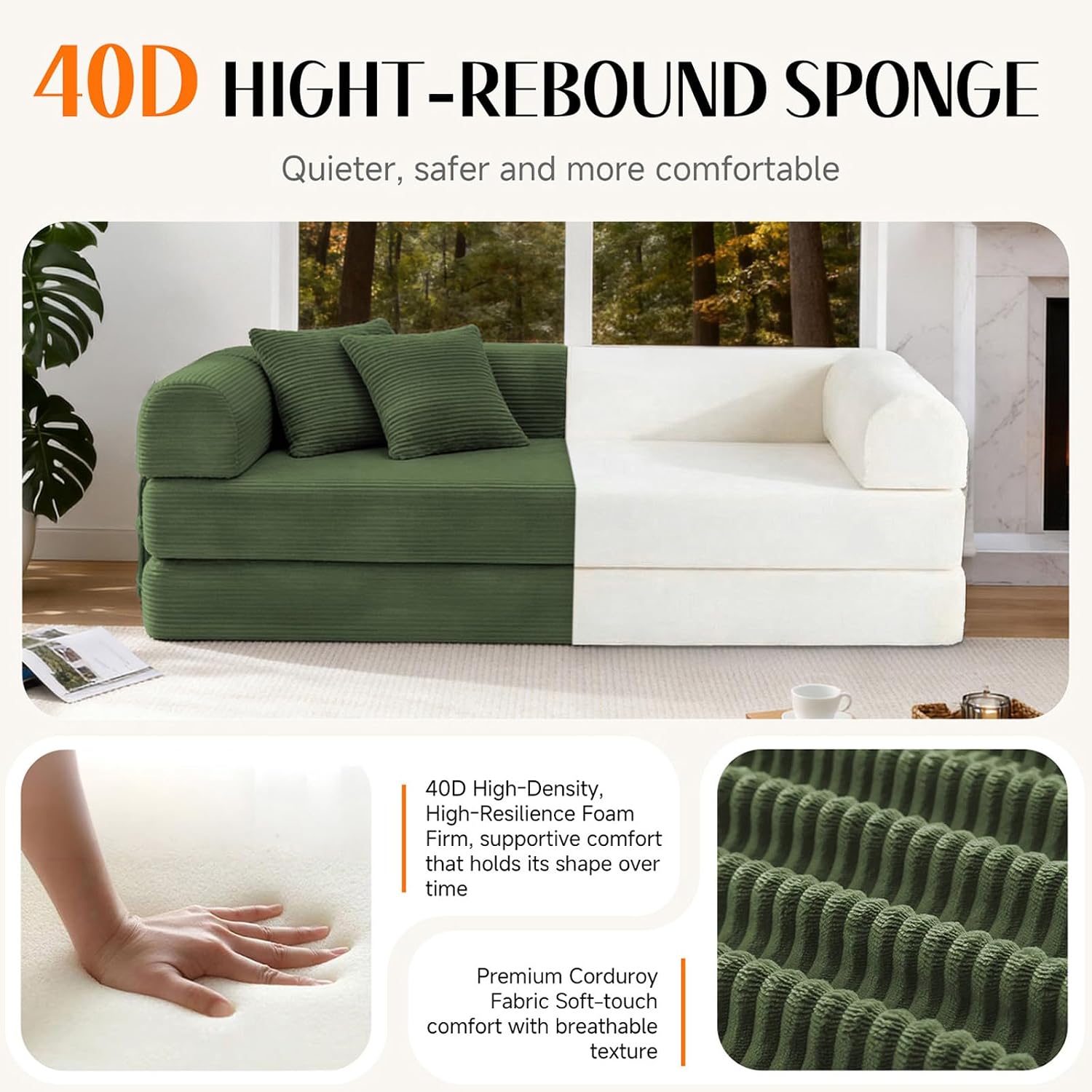 79'' Convertible Sofa Bed, Boneless Couch-in-a-Box, Corduroy Floor Futon Loveseat Sleeper, 26'' Deep Seat, Removable Machine-Wash Covers, No Assembly, 2 Pillows, Forest Green