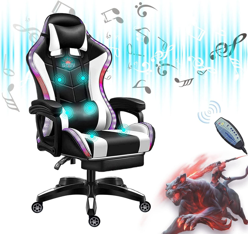 Gaming Chair for Adult with Footrest and Massage, Video Game Chair with Speakers and RGB LED Lights, PU Leather, Ergonomic Racing Computer Chairs with Lumbar Support and Armrest,White