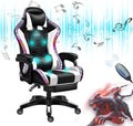 Gaming Chair for Adult with Footrest and Massage, Video Game Chair with Speakers and RGB LED Lights, PU Leather, Ergonomic Racing Computer Chairs with Lumbar Support and Armrest,White