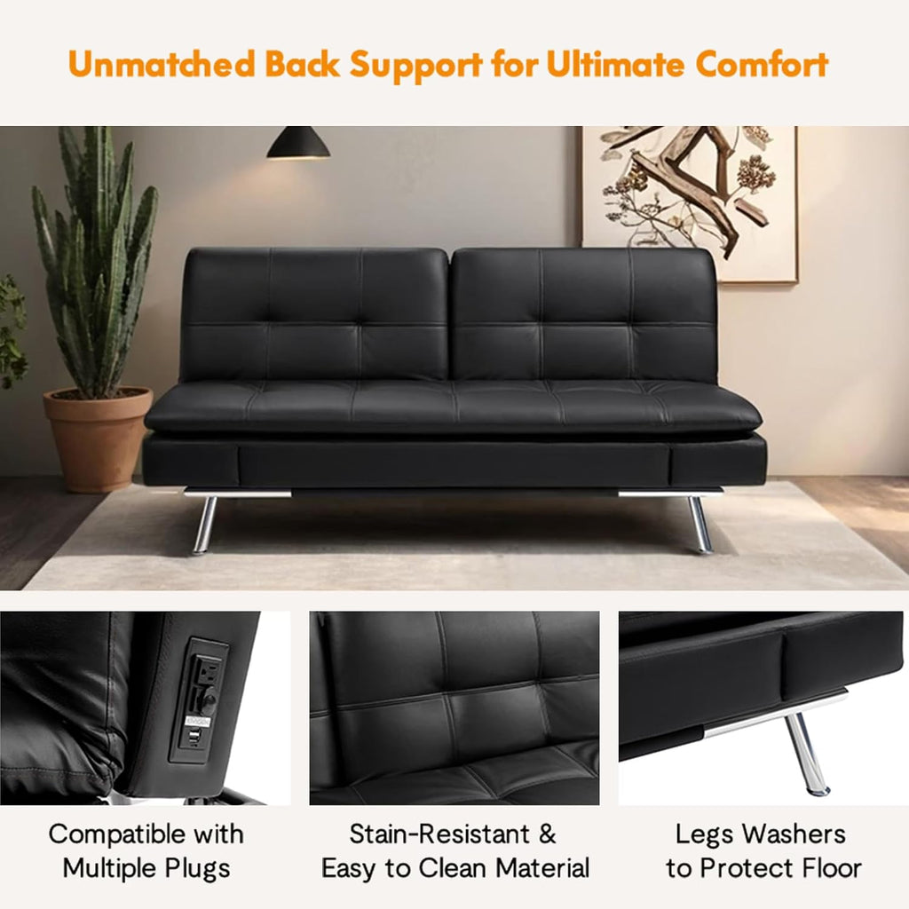 Modern Leather Convertible Folding Futon Couch Sofa Bed Adjustable Pillow Top Arm Memory Foam Couch Double Loveseat Sofa for Compact Living Space,Dorm,Game Studio,Apartment,Bedroom (Black PU)