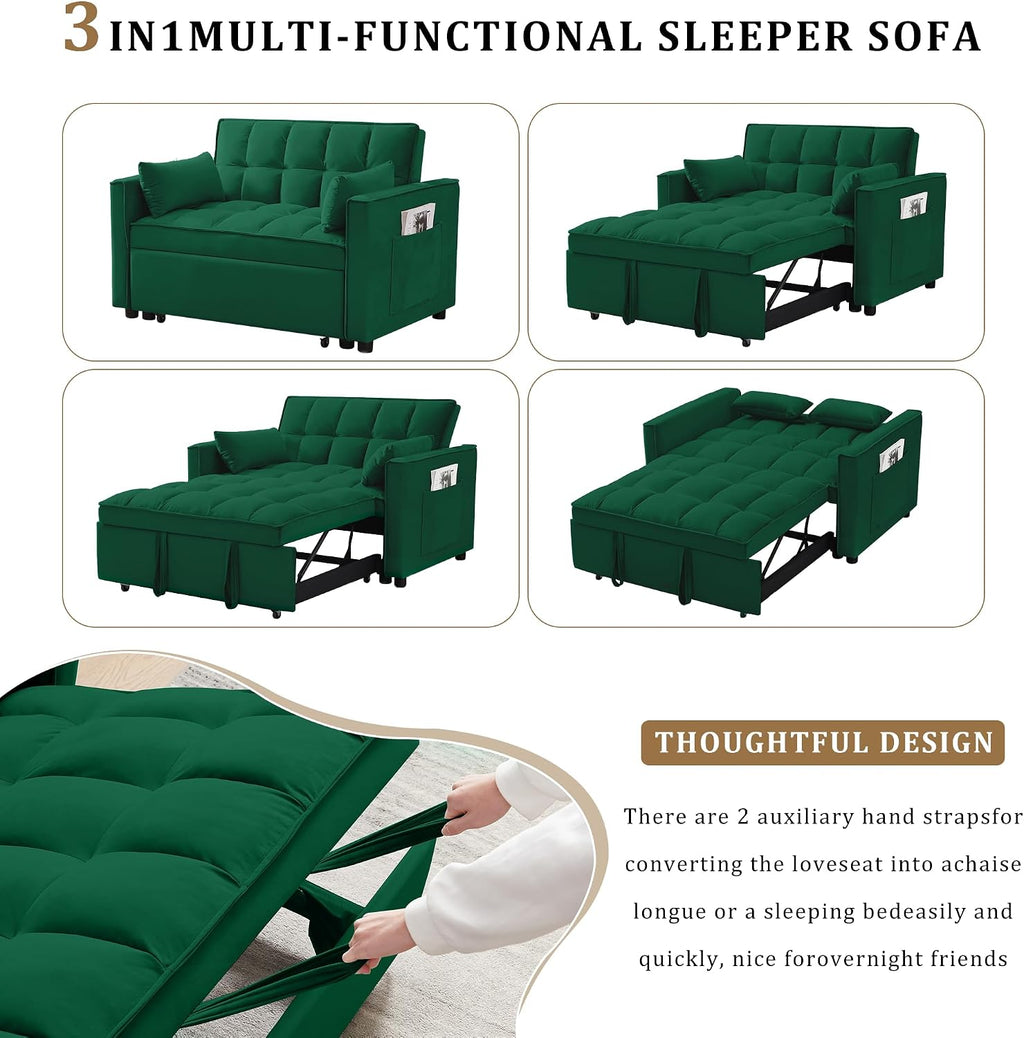Oversized 3-in-1 Convertible Sleeper Sofa Bed, Futon Couch with Pullout Bed, 2-Seater Loveseat Sofa w/Pockets, Adjustable Backrest and Pillows for Living Room Apartment (Green-55inch)