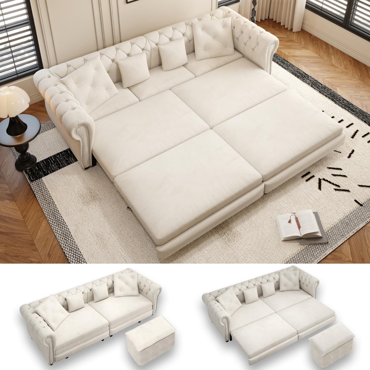 89' King Pull Out Sofa Bed, Velvet Chesterfield Sleeper Sofa Couch, 3 in 1 Convertible Tufted Futon Couches with Ottoman for Living Room, Small Space, Apartment, Office, Bedroom, Beige