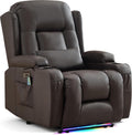 URRED Recliner Chair with Massage and Heat, Power Reclining Sofa Chair Home Theater Seating with LED Ambient Light, USB Ports, Cup Holders, Side Pockets, Faux Leather (Brown, Set of 1)