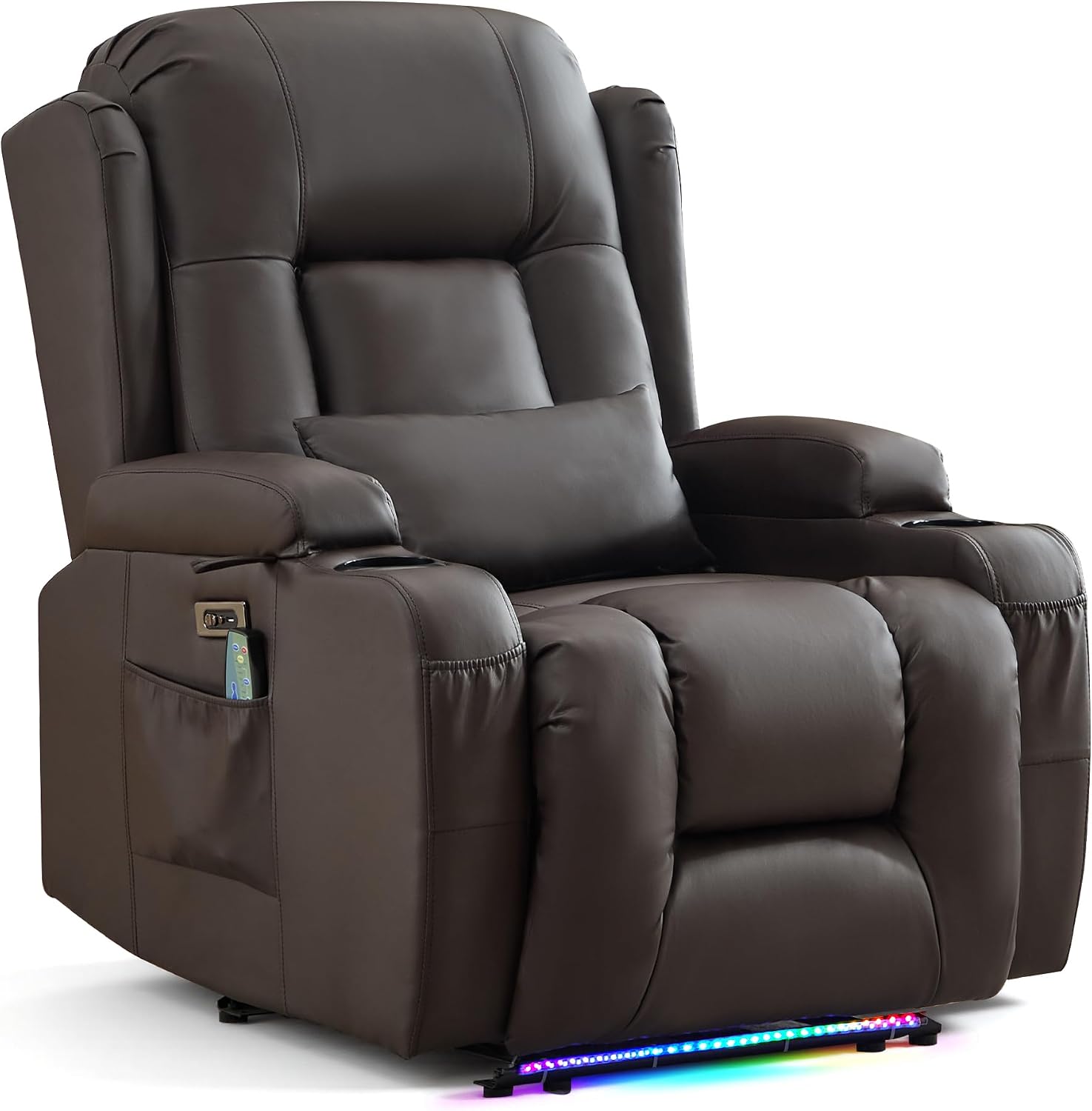URRED Recliner Chair with Massage and Heat, Power Reclining Sofa Chair Home Theater Seating with LED Ambient Light, USB Ports, Cup Holders, Side Pockets, Faux Leather (Brown, Set of 1)