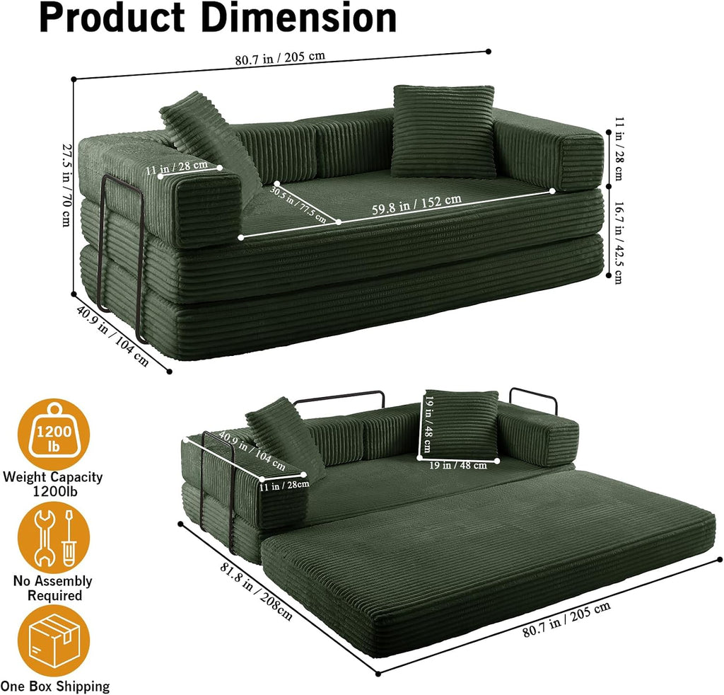 81'' Futon Sofa Bed, Folding Floor Couch Bed, Corduroy Fabric Boneless Couch, Compressed Boneless Sofa in a Box, Comfy Sleeper for Living Room-Green