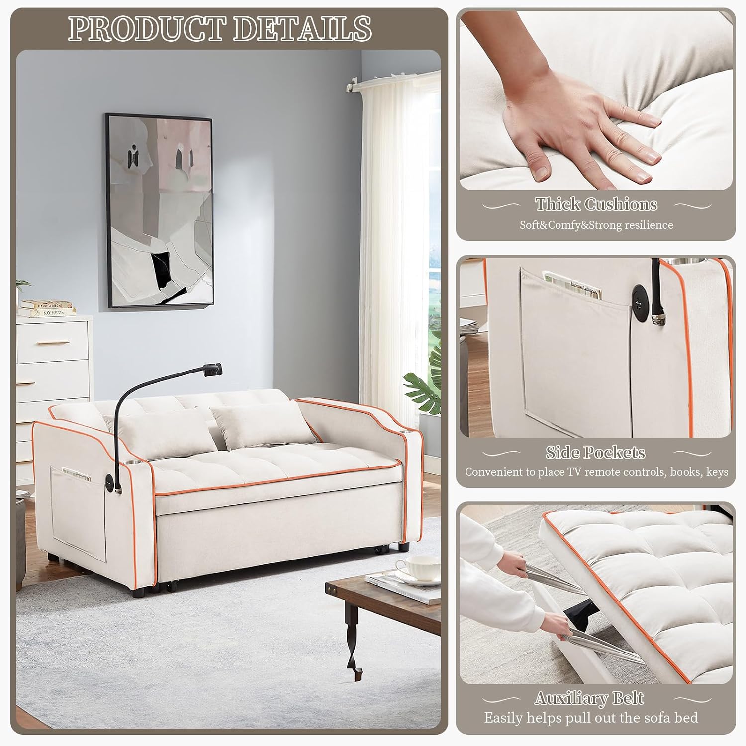 JEEOEHY 3 in 1 Convertible Sleeper Sofa Bed,Velvet Pull Out Couch Bed w USB&Type C Port,Comfy Futon Loveseat w Adjustable Backrest&Phone Stand&Cup Holder for Living Room Apartment Small Space(Beige)